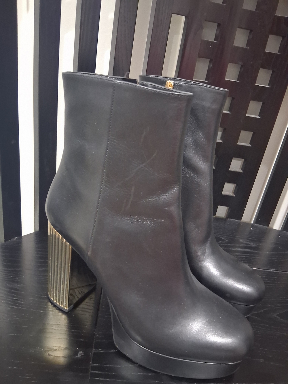Black Women's Platform Ankle Boots with Gold Block Heel